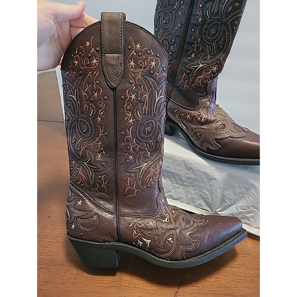 Women's Western Boots‎ Sz 6.5 Inlay Cowgirl Brown Leather Pointed Toe Rcs2030